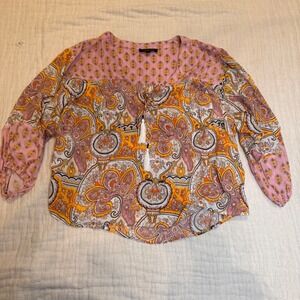 Rachel Zoe Paisley Boho Tassel Tie Neck Blouse Pink Orange Retro Women's Sz S